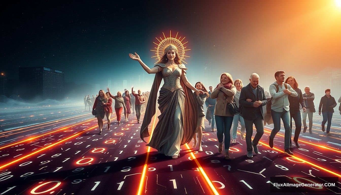 Hyper-realistic style featuring a powerful and inspiring image depicting the concept of blockchain and decentralization. In the foreground, a futuristic and sci-fi styled goddess symbolizing blockchain and decentralization leads the people towards a bright future. She stands on a digital road made of glowing lines and various random characters, including 0s and 1s, symbolizing the path of digitalization. She is surrounded by families and individuals of predominantly European descent who are joyous and supportive, embracing and helping each other. The scene is grand and panoramic, with light shining from the front, illuminating the entire scene.