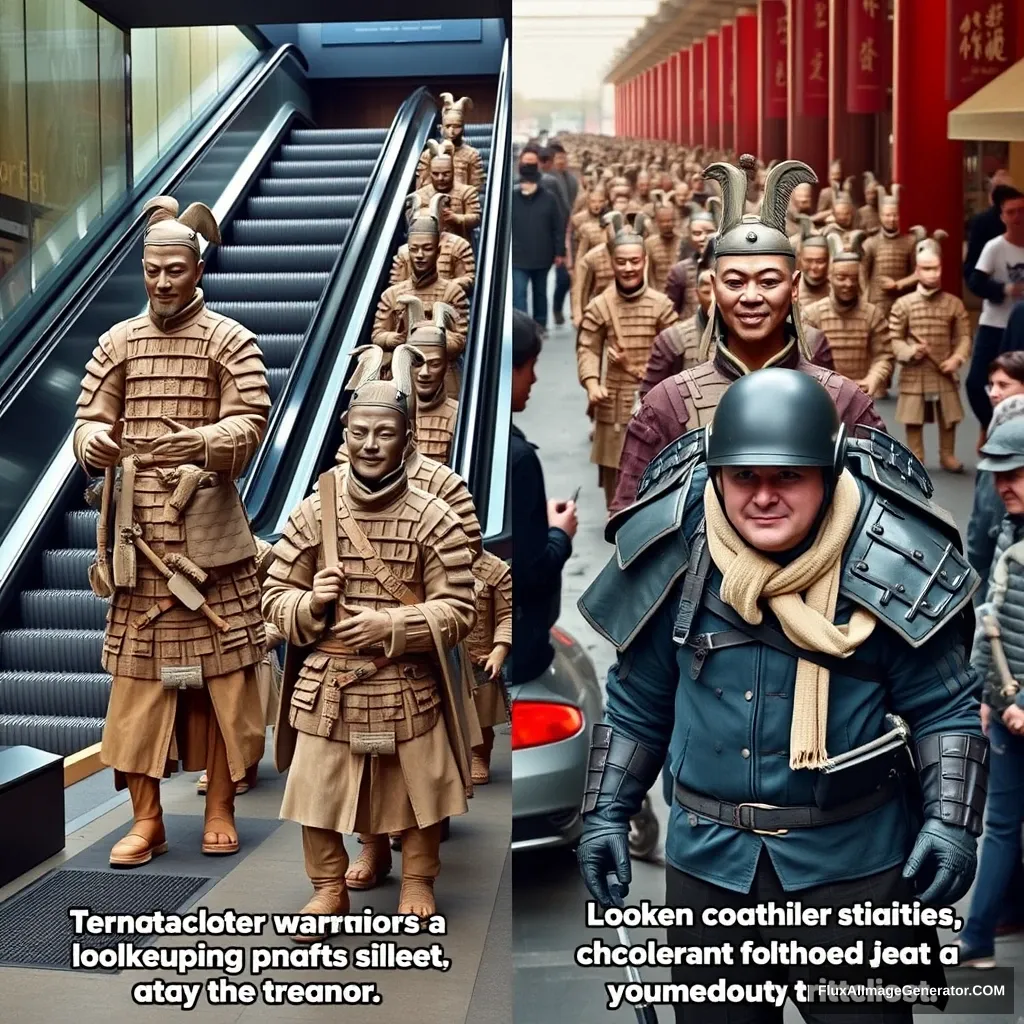 "A terracotta warrior uses an escalator for the first time, looking confused.  
• A group of terracotta warriors march in formation on the street, causing a traffic jam.  
• A terracotta warrior tries on modern clothes paired with armor, looking comical and ridiculous." - Image