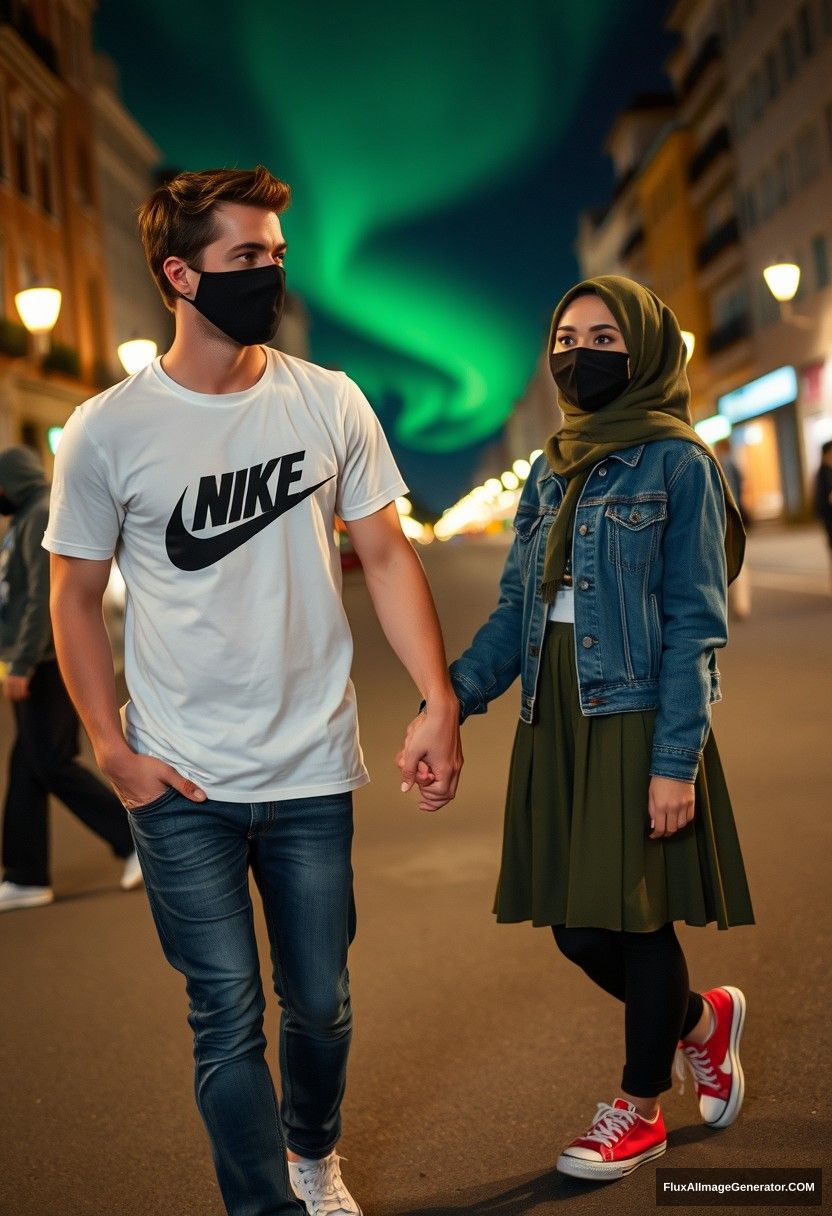 Jamie Dornan, handsome, black face mask, white Nike t-shirt, jeans, sneakers, dating romantically with an army green hijab-wearing Muslim girl, beautiful eyes, black face mask, denim jacket, longest skirt, not a tall girl, red sneakers, holding hands, photorealistic, street photography, full photography, selfie photos, night scenery, aurora. - Image