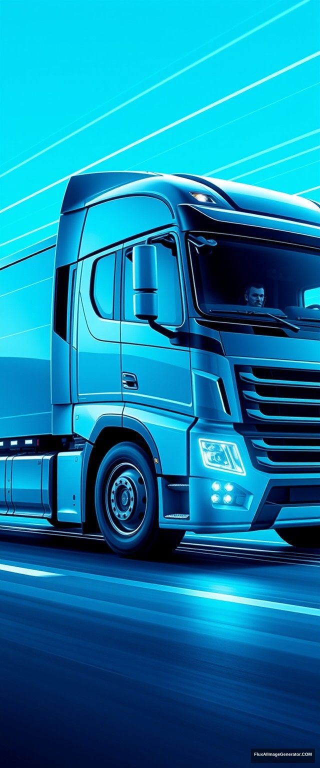 The truck has simple and dynamic lines, driving high-tech trucks, speed lines, glow; the overall picture is bright and clean, full of a sense of the future, science and technology, blue atmosphere. In the side view, the truck shows its entire body. - Image