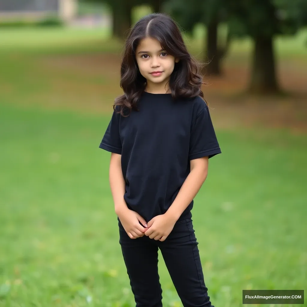 beautiful teenage girl with dark hair and dark eyes in a simple black t-shirt, black jeans, and black stylish sneakers, professional photo - Image