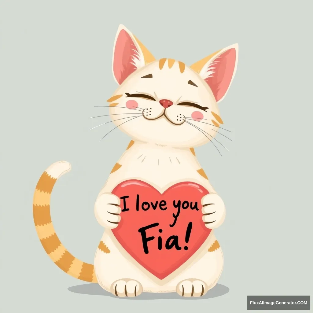 A cat holding a heart on which it is written "I love you Fia!"