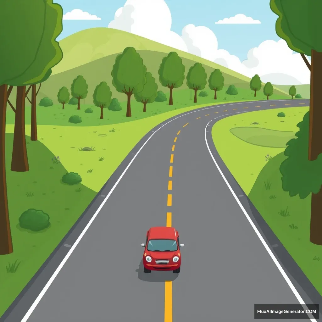 The road starts off as one road below and then branches off into two directions, highway, car, cartoon style. - Image