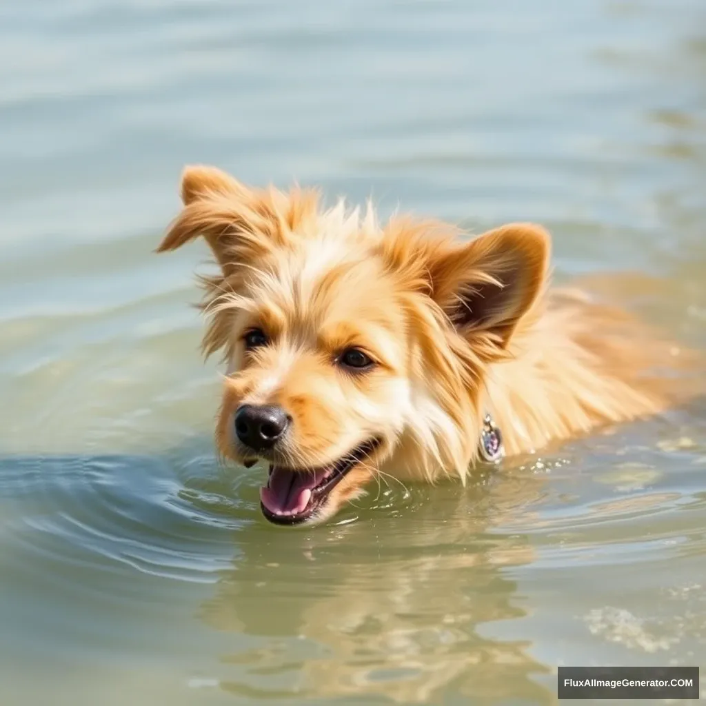 A cute dog plays in the water. - Image