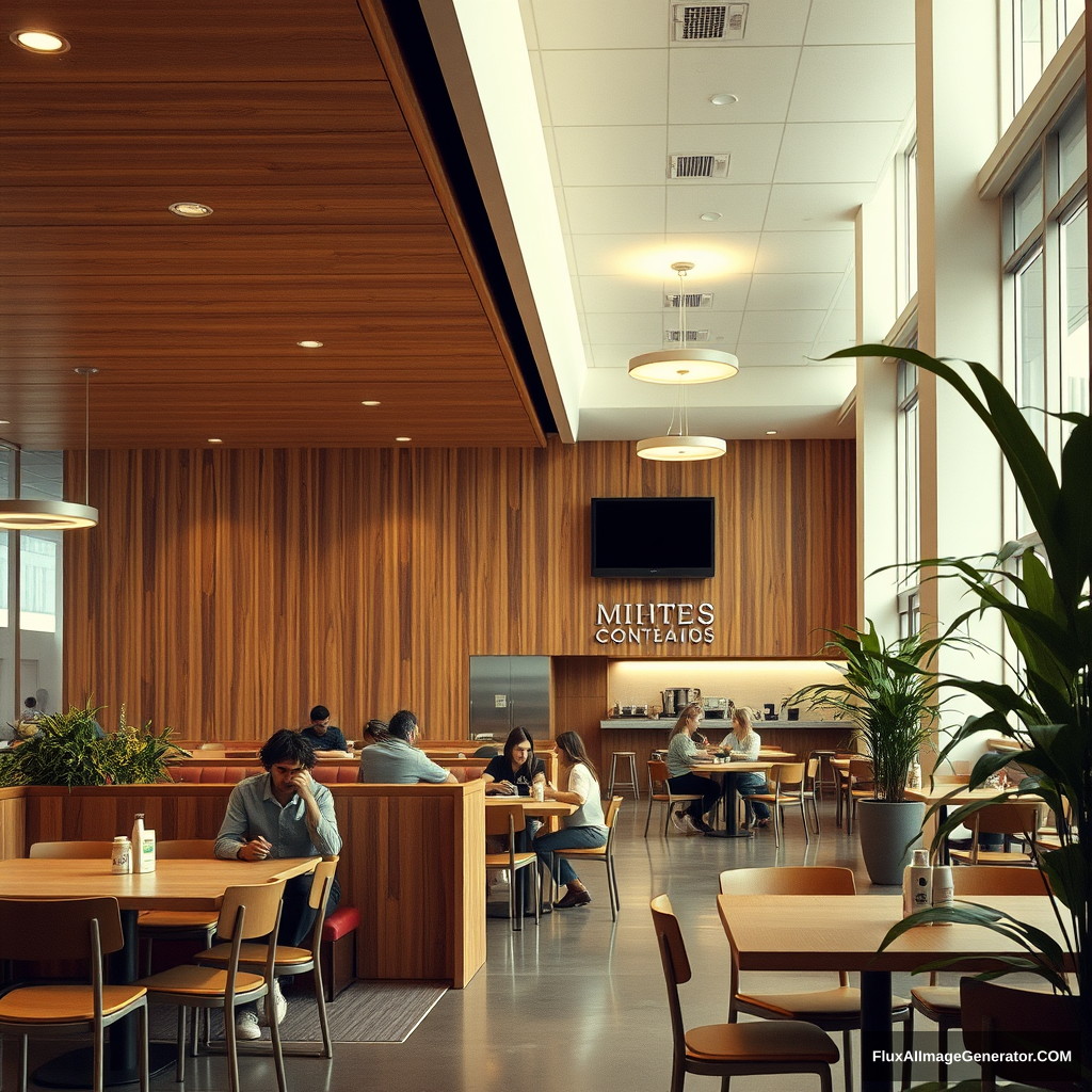 interior, company cafeteria, modern, wood panel, movie scene, plants, eating - Image