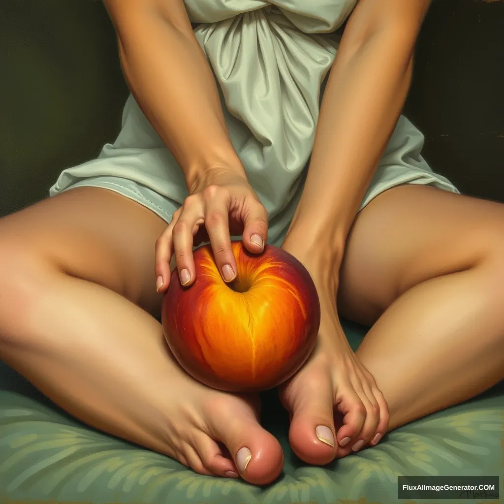 A painting of a painterly, fully clothed woman with feet enjoying an insanely juicy peach. - Image