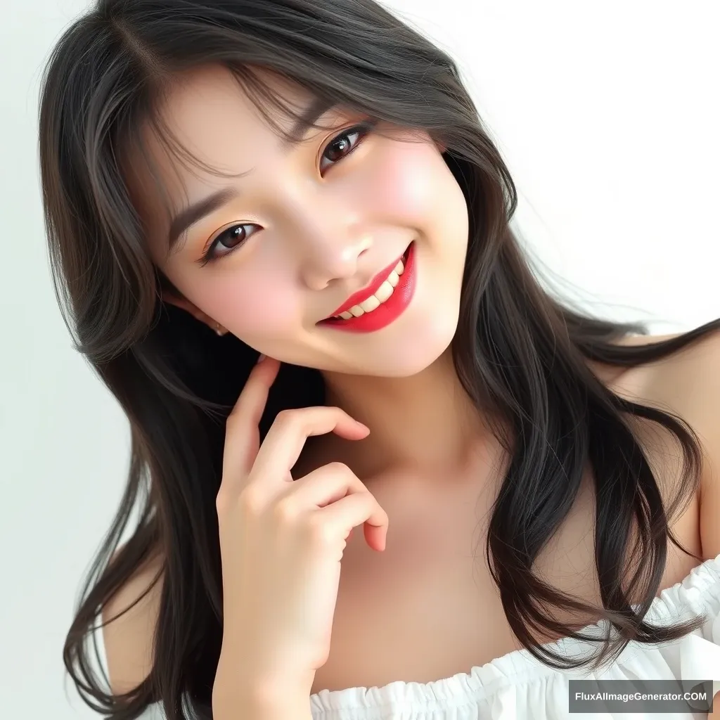 A photo of a 20-year-old Korean actress with black S-wave perm hair, looks like Jisoo from Blackpink, wearing a white off-the-shoulder top, with shoulder-length hair, a charming smile and touching her neck, against a simple white background, showing her upper body, with natural light, with super flawless skin, taken with professional photography skills, with clear focus and high definition. --v 6.0