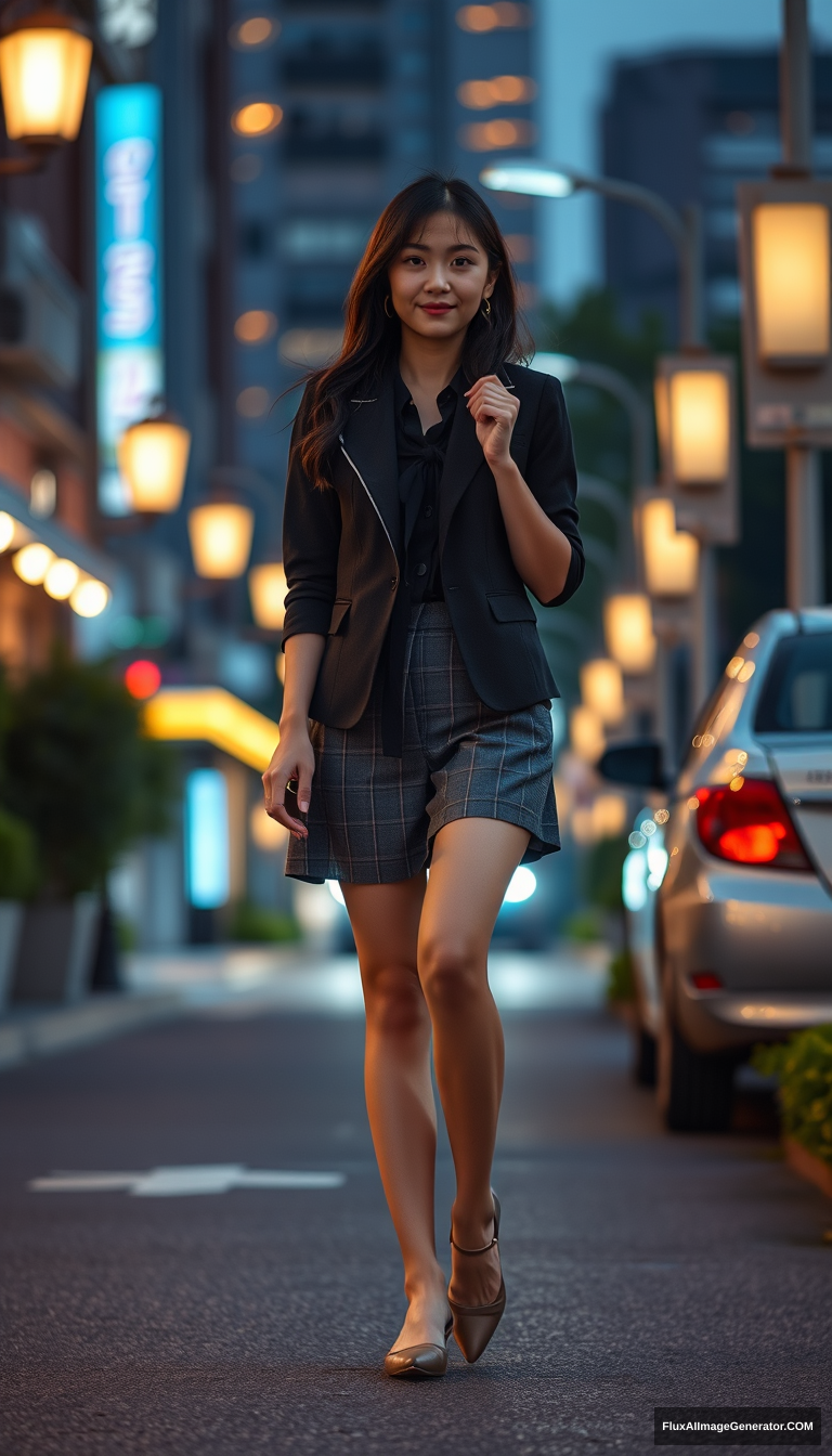 A girl on her way home, Asian, full-body shot, evening lights, office outfit.