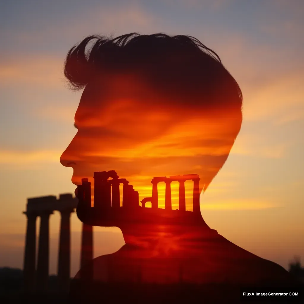 "[Abstract style sunset, ruins] within the silhouette of [a man]'s head, this is a double exposure photo. Non-representational, colors and shapes, emotional expression, imaginative, very detailed."