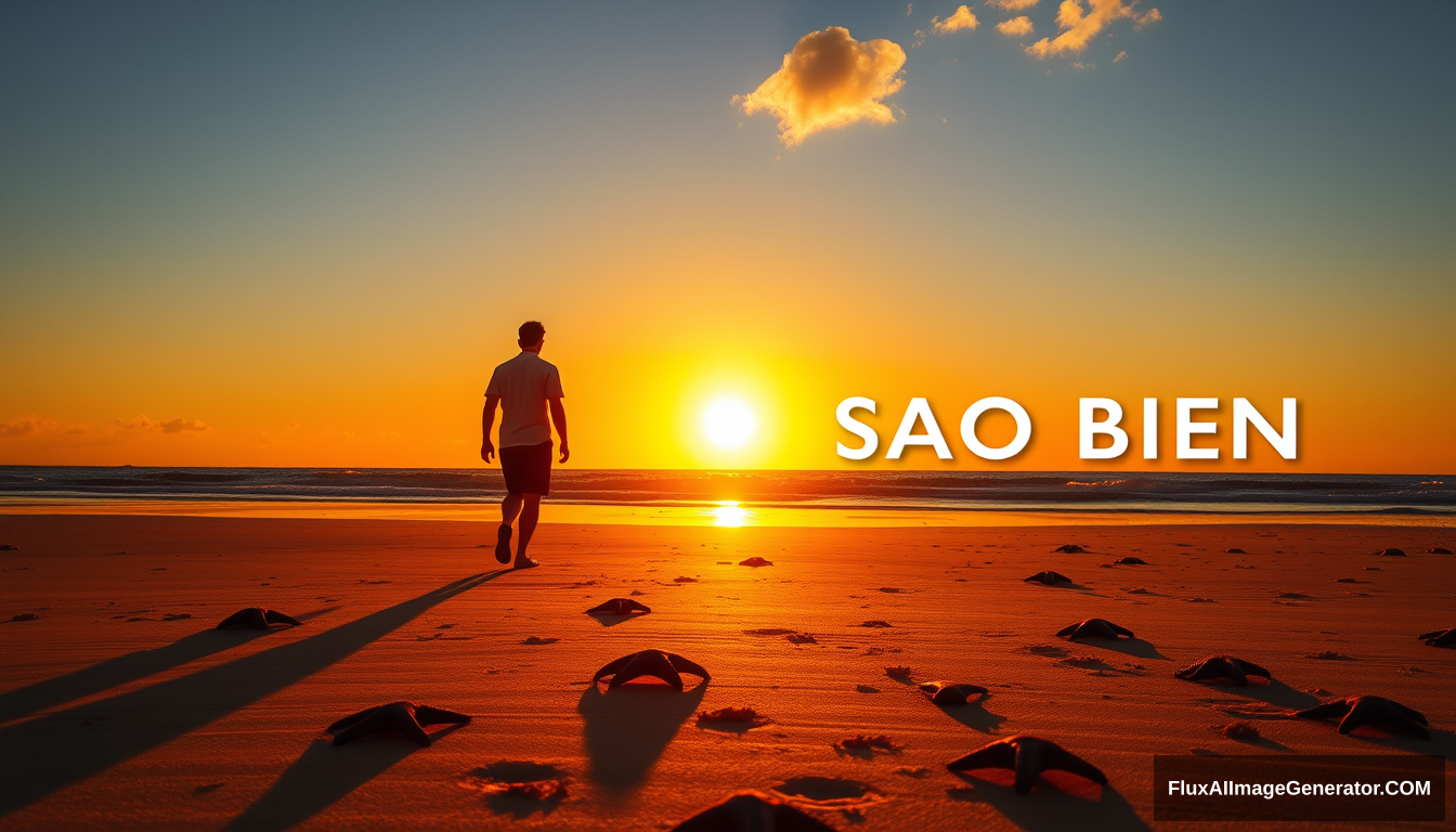 A vibrant sunset scene on a sandy beach with starfish scattered on the sand. Two silhouettes walking along the shore, their shadows stretching long in the golden light. The title "CAU BE NEM SAO BIEN" in a prominent position.