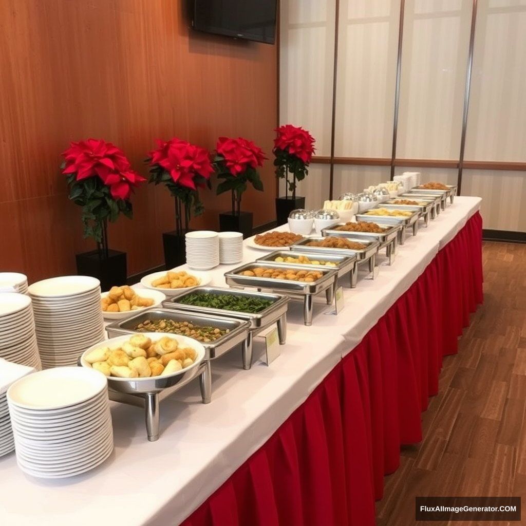 Here is a detailed prompt describing the given image with the specified adjustments:

"Photograph of a buffet setup with a variety of dishes on a long table covered with a white tablecloth and a red skirt. The table includes plates of salad, fried food, and spring rolls, with high-end stainless steel buffetware meeting five-star hotel standards, neatly arranged without any silverware. There are stacks of plates and bowls on the left side, along with a stack of napkins. The background features a wooden panel wall with a mounted TV, and additional poinsettia plants adding a festive touch. The overall atmosphere is elegant and organized, ready for guests to enjoy."