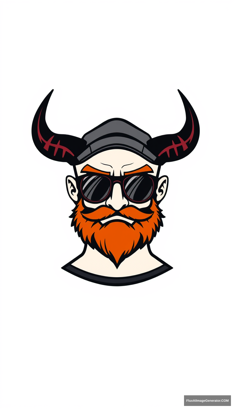 Minimalist logo design: Bald cartoon human male with demonic obsidian horns, fiery ginger beard, and arched eyebrows. Weathered flatcap and aviator glasses. Silhouette incorporates 3D printer shape. Clean lines, bold colors. Futuristic meets retro aesthetic. Symbolizes innovation and rebellion.