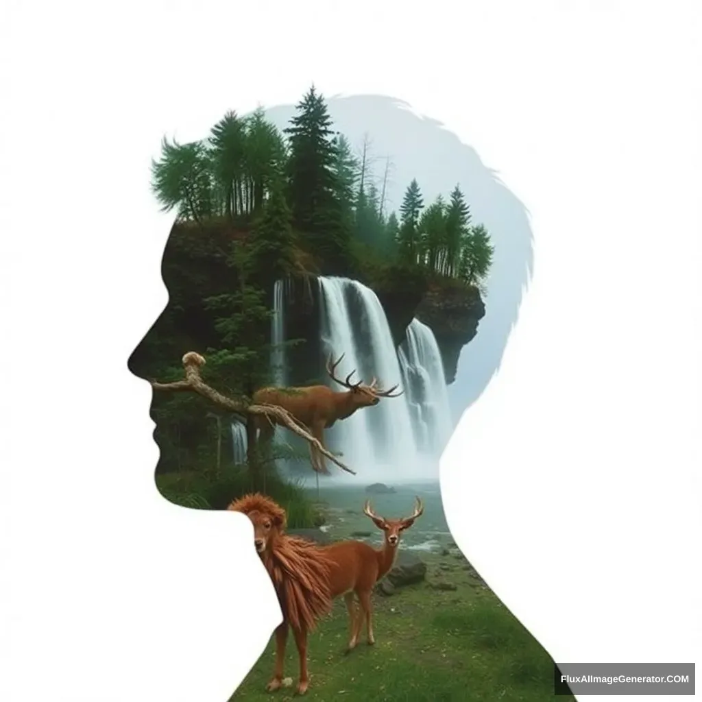 '[Abstract style waterfalls, wildlife] inside the silhouette of a [man]’s head that is a double exposure photograph. Non-representational, colors and shapes, expression of feelings, imaginative, highly detailed.' - Image