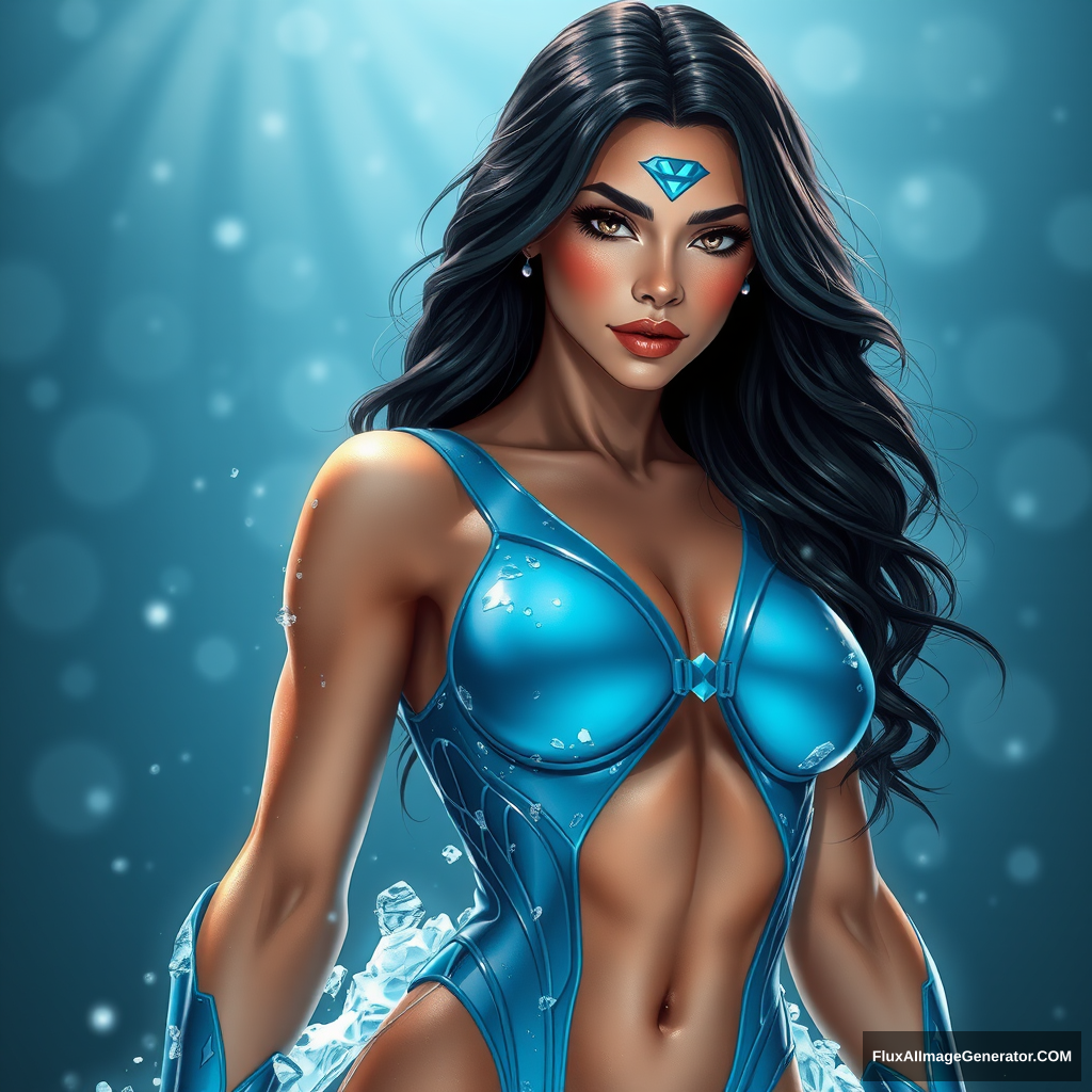 A photorealistic image of a gorgeous dark-haired Latina female superhero with water and ice powers wearing an azure bodysuit. She has a muscular toned body, and her body is covered in a thin sheet of ice.