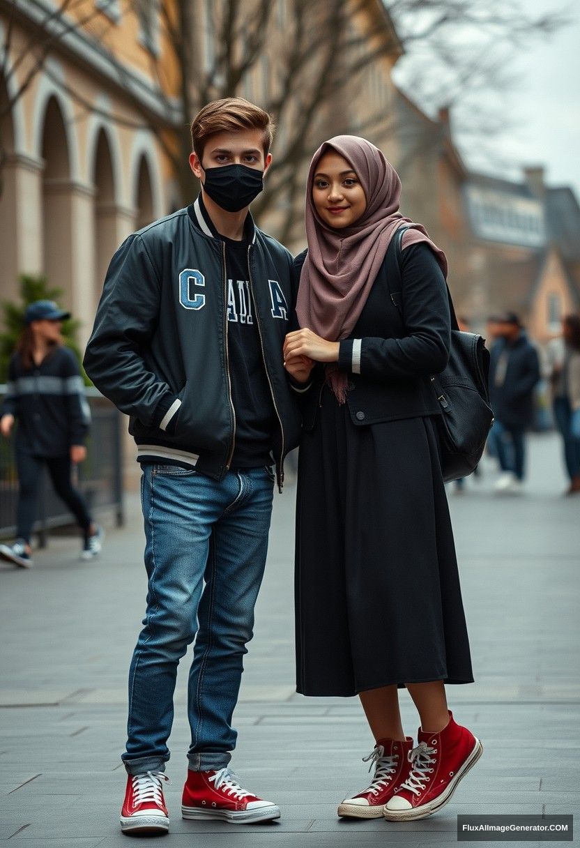 Jamie Dornan, young, black face mask, capital A collage jacket, jeans, red sneakers, dating romantically with the tallest hijab-wearing Muslim girl, beautiful eyes, black face mask, college jacket, the biggest longest skirt, Ted high-top sneakers, not tall girl, photorealistic, realistic, street photography, full photography.