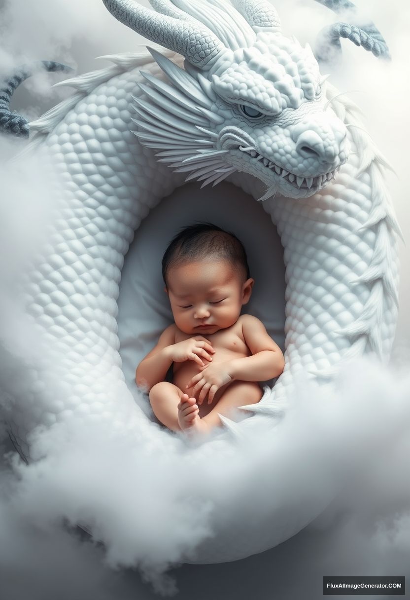 A one-month-old Chinese baby lies in the embrace of a white giant dragon, surrounded by the dragon. The details of the dragon are realistic, with scales, back fins, and fur, shrouded in clouds and mist, creating a magical atmosphere. The baby's skin is fair and delicate, captured in a high-quality, realistic photo, a masterpiece, in a panoramic view.