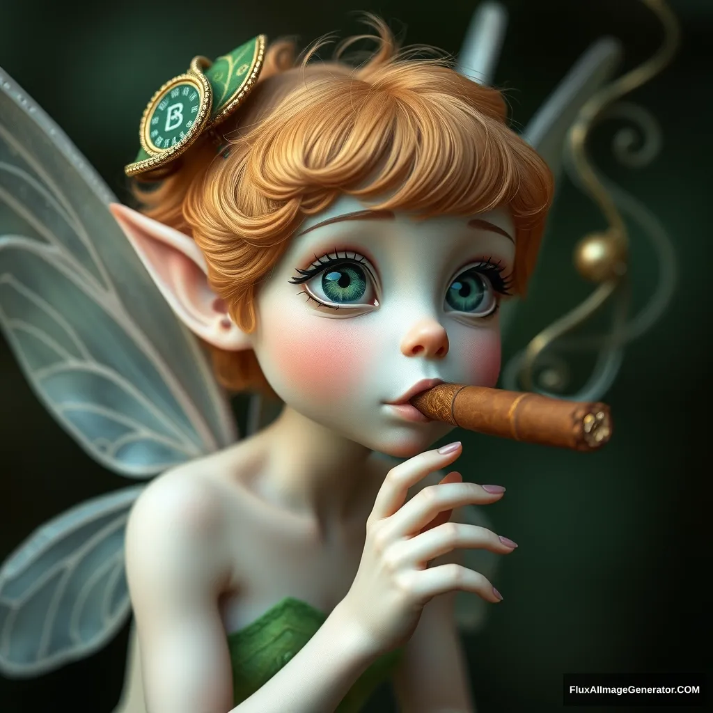 A cute white ginger fairy with green eyes trying to smoke a cigar taller than her.