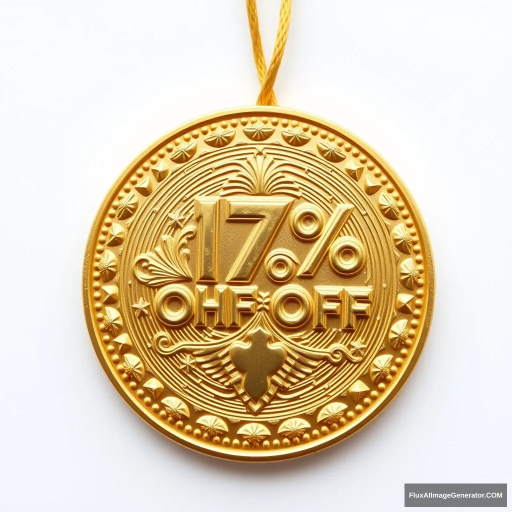 Draw a golden coin representing the right to purchase 17% off. The golden coin is very luxuriously decorated. The background is white.