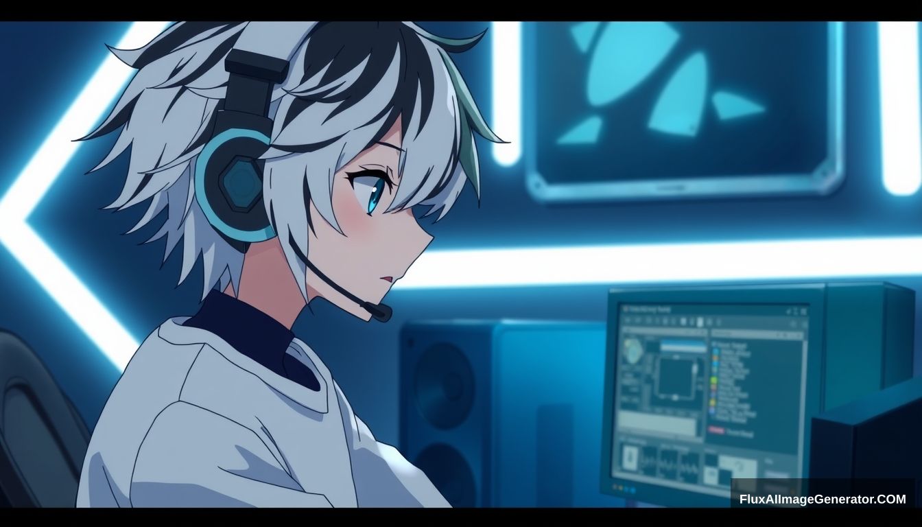 "An anime boy with black and white hair wearing headphones and a microphone, looking at his monitors with a black screen, in a black room with white neon lights in the background."