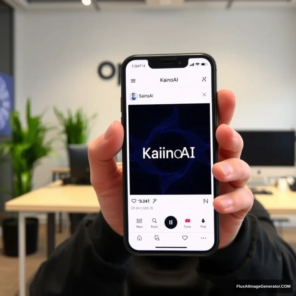 Elon Musk sostiene un teléfono y la pantalla del teléfono muestra la aplicación KainoAI, el fondo es la oficina de OpenAI.