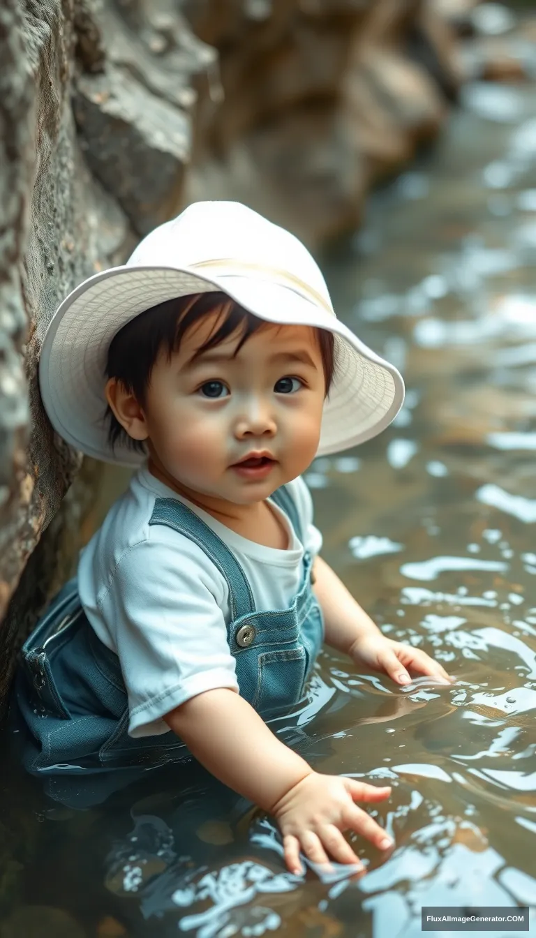 A 20-month-old Korean female child with a white hat is playing in a watery ravine, 8K, hyper-realistic photo.