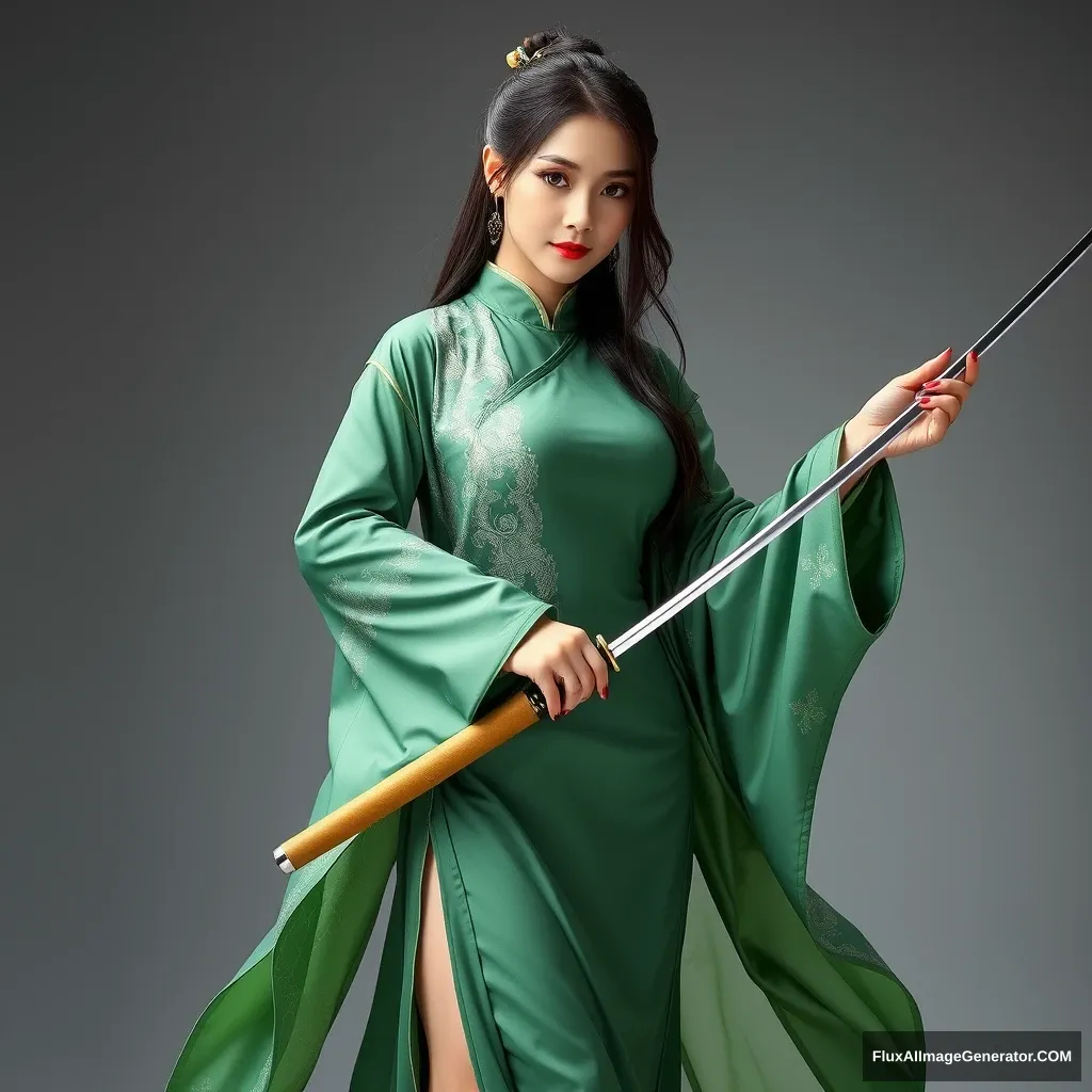 "Beautiful woman in traditional Chinese attire, wearing a form-fitting green ancient costume with a silver patterned shawl, adorned with delicate decorations. The outfit has an antique charm, flowing and graceful, full of elegance. With long hair in traditional style and long legs, her tall figure exudes the aura of an ancient female martial artist, holding a slender sword that highlights her physique."