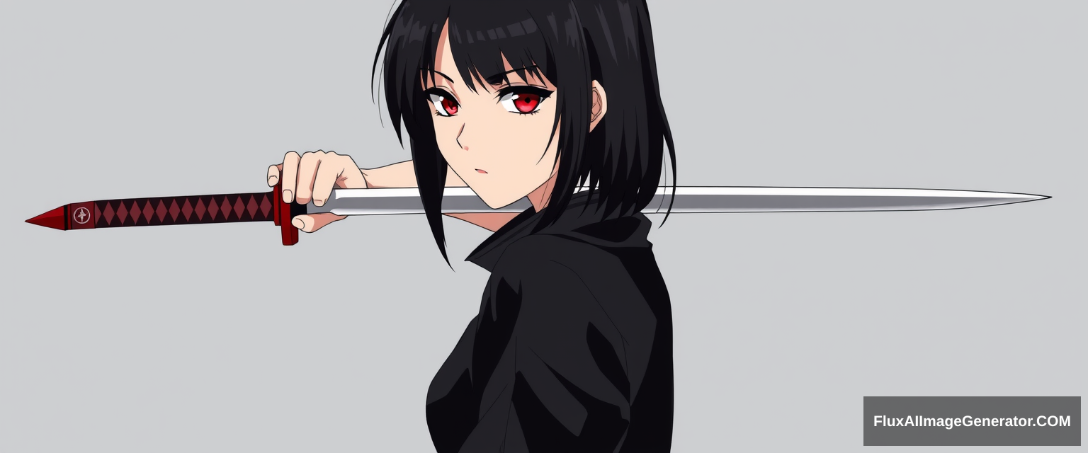 Anime style is important. Seinen style anime. Should look like an assassin with a gradient background. Holding one sharp sword. Black hair, red eyes. And should be a full body drawing. Should include legs. Hold sword straight on. Girl. Single side sword. Correct hand anatomy.