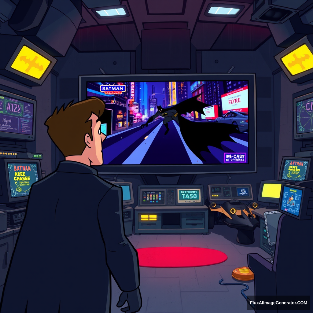 Bruce Wayne, dressed in his signature dark suit, stands in front of a massive computer screen inside the dimly lit Batcave. The screen displays a news broadcast showing Batman, mid-chase, pursuing criminals through the city. The Batcave is filled with high-tech gadgets, glowing monitors, and the iconic Batmobile in the background. The scene is depicted in a cartoon animated style, with exaggerated features, vibrant colors, and dynamic lighting that highlights the intensity of the moment.