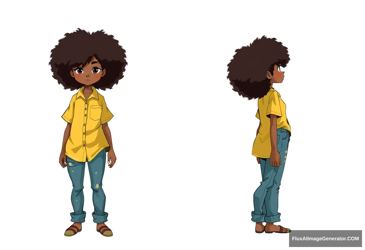 character sheet, front and side profile, girl in yellow shirt with jeans, afro hair covering eyes,