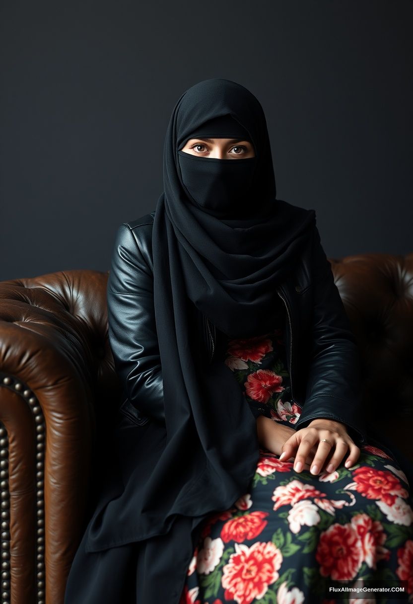 A biggest black hijab girl, burqa, beautiful eyes, black leather jacket, biggest floral long dress, sitting on leather single sofa, hyper realistic, studio photography.