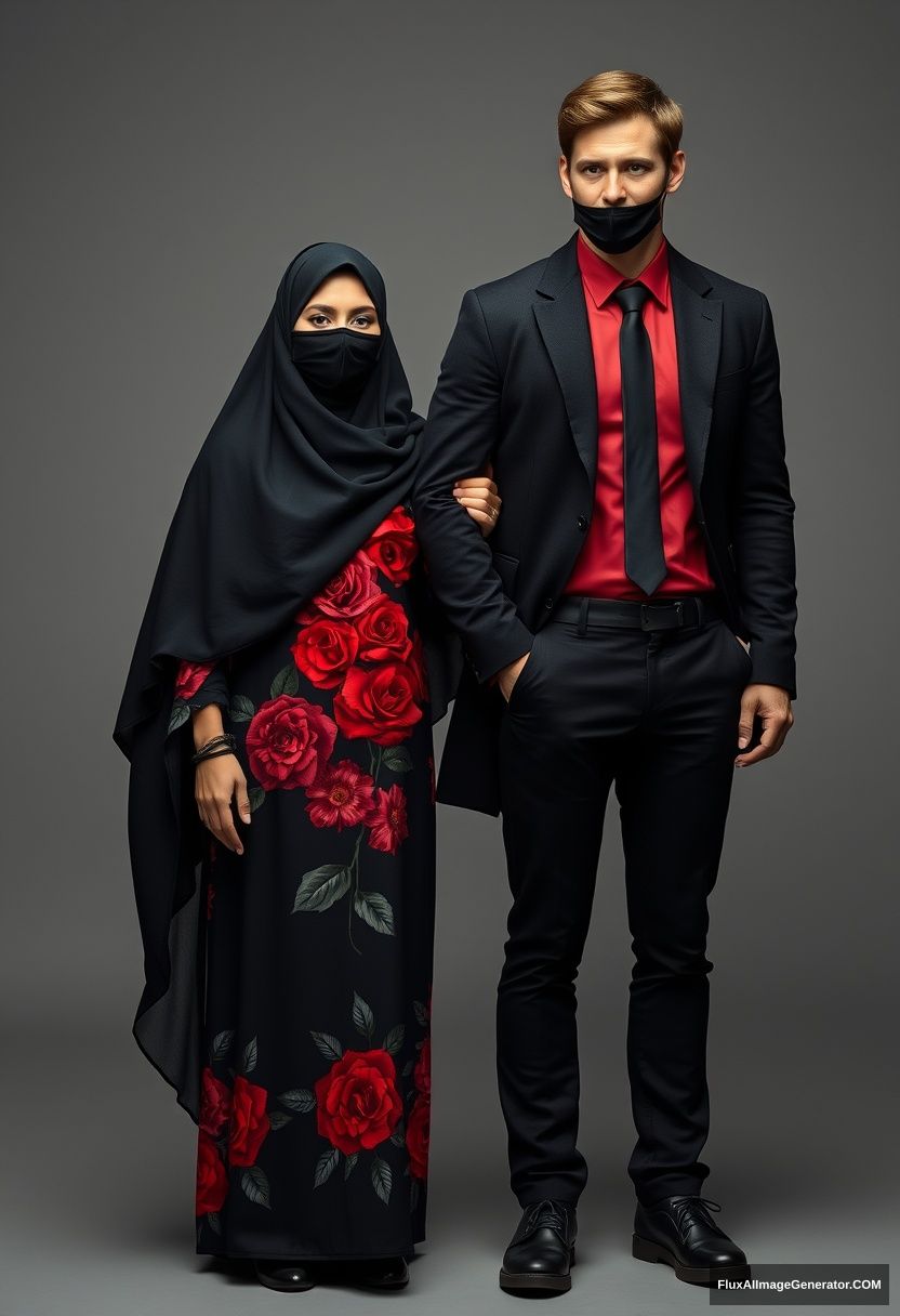 A biggest black hijab girl, beautiful eyes, face mask black, biggest red floral longest dress, not tall, standing, holding his arm

Jamie Dornan, youngest, black suit coat, red shirt, black tie, black leather sneakers, tall man, face mask black, fit tough body, standing near her, love couple

hyper realistic, studio photography, photorealistic