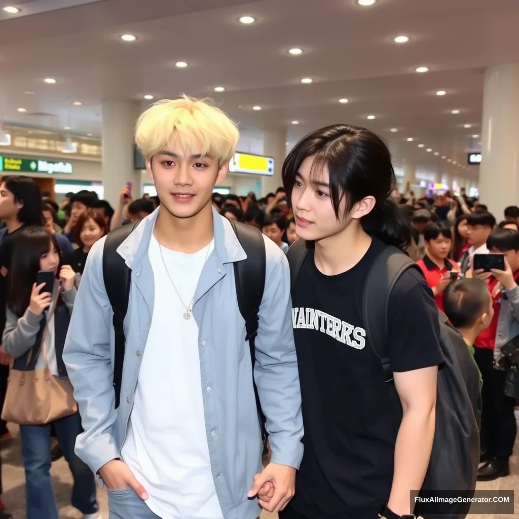 Curled, blonde ear-length hair man and a man with low pony-tailed ebony hair holding each other's hand in front of a huge number of fans at the airport, both are K-pop idol style, the blonde man is taller.