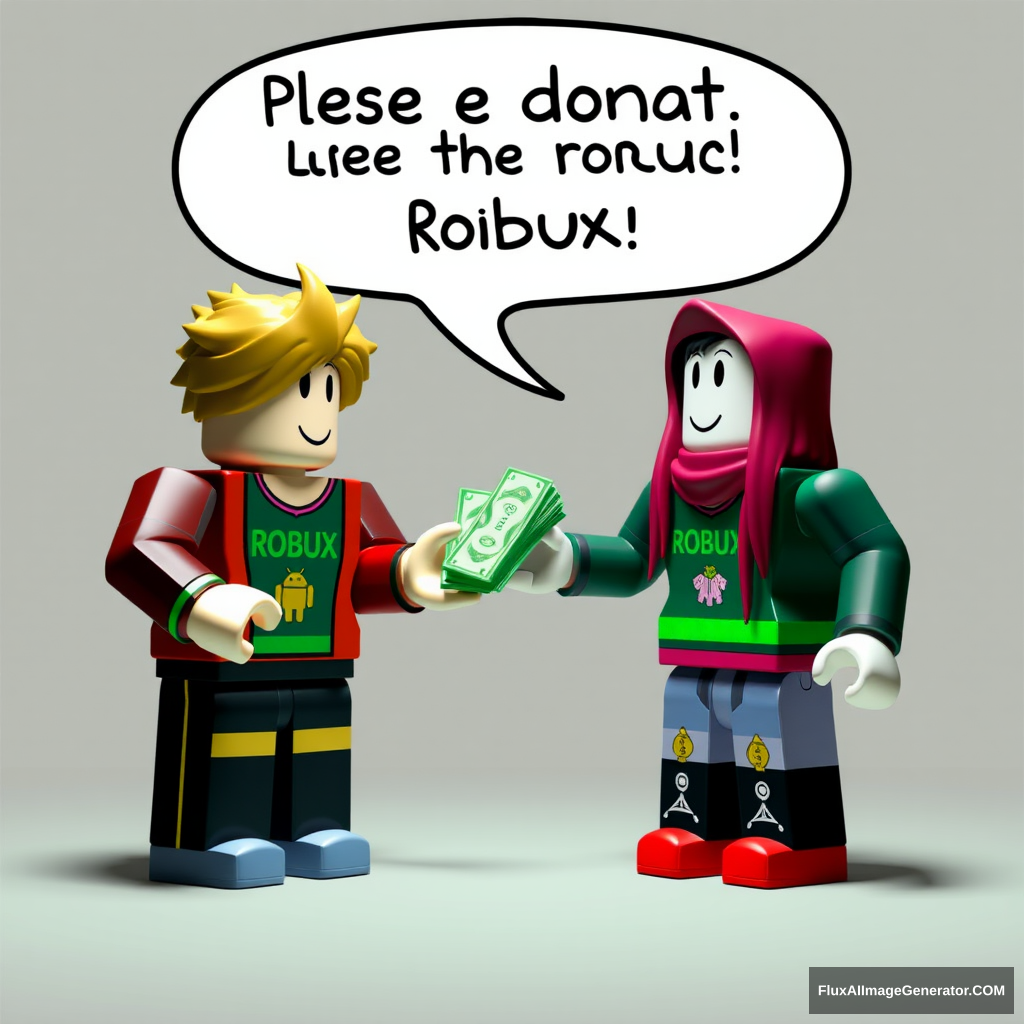 Please donate Roblox game Robux, standing and begging for Robux from another character, and the character giving Robux money to the poor. - Image