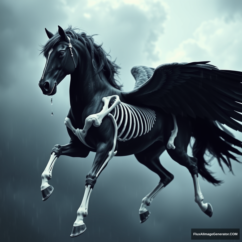 A black Pegasus flying through dark clouds in the rain. Raindrops are flowing down its face and body. White bones are exposed on its chest, legs, wings, neck, and face. High contrast created by lighting. Photography. Side view. - Image