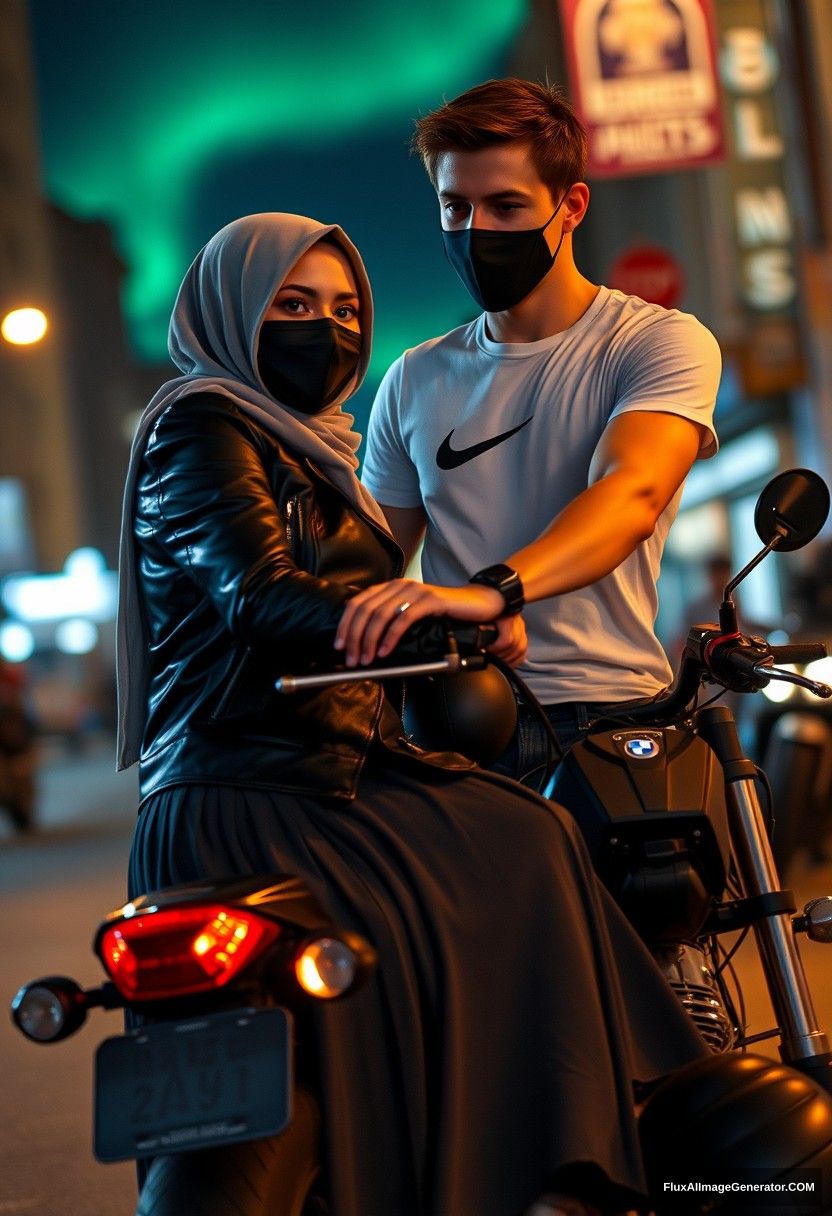 Jamie Dornan, tall, young, black face mask, white Nike t-shirt, jeans, riding a motorcycle

dating, love, romantic with a grey hijab Muslim girl, beautiful eyes, black face mask, leather jacket, very long and big skirt, not a tall girl,

riding a motorcycle, hugging tightly, in town, photorealistic, street photography, night scenery, aurora borealis.