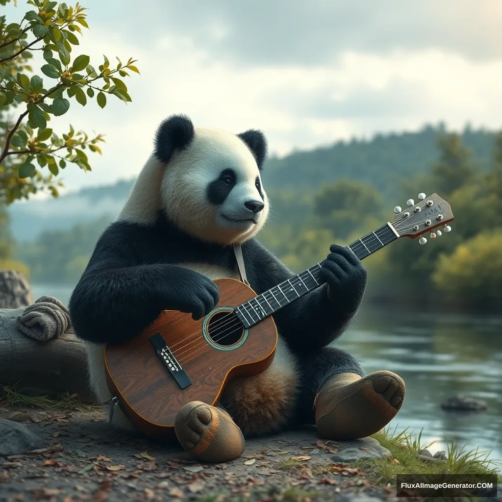 A big panda sits by the river playing guitar.