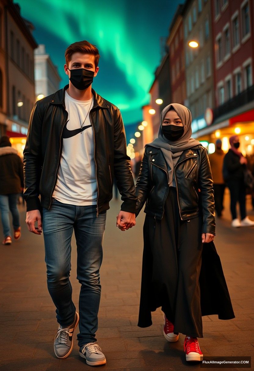 Jamie Dornan, tall, handsome, wearing a black face mask, a long sleeve white Nike T-shirt, jeans, and sneakers, is dating a romantic Muslim girl in a grey hijab with beautiful eyes. She is wearing a black face mask, a leather jacket, and the longest and biggest skirt, not a tall girl, with red sneakers. They hold hands and walk together in town, in a photorealistic street photography style, full photography, with selfie photos, night scenery, and aurora.