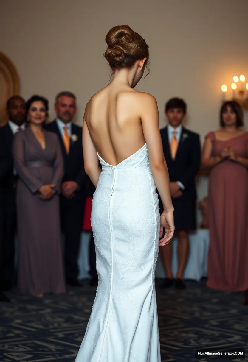 A short young woman, sensitive, delicate, ashamed, wearing a backless strapless side-less low-waisted open contouring wedding dress, in front of patriarchy, expectations.