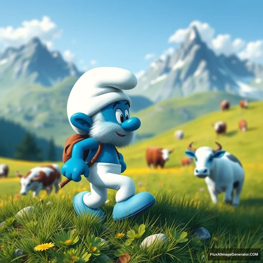 "Create an image of a Smurf wandering over a mountain meadow and looking at cows." - Image