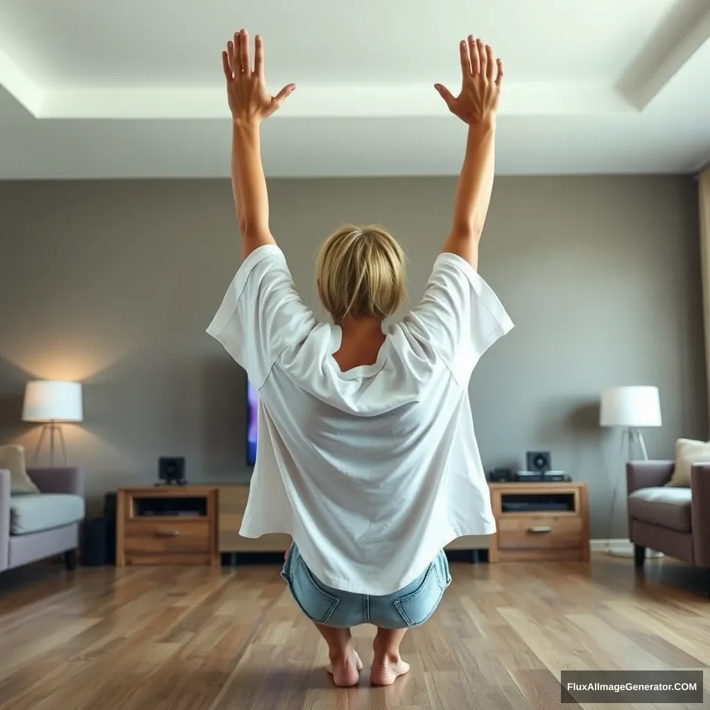 Side view angle of a slender blonde woman in her large living room, wearing an extremely oversized white t-shirt that is very uneven on one of the sleeves, along with oversized light blue denim shorts. She is barefoot and facing her TV, diving headfirst into it with both arms raised below her head and legs elevated high in the air, positioned at a 60-degree angle. - Image