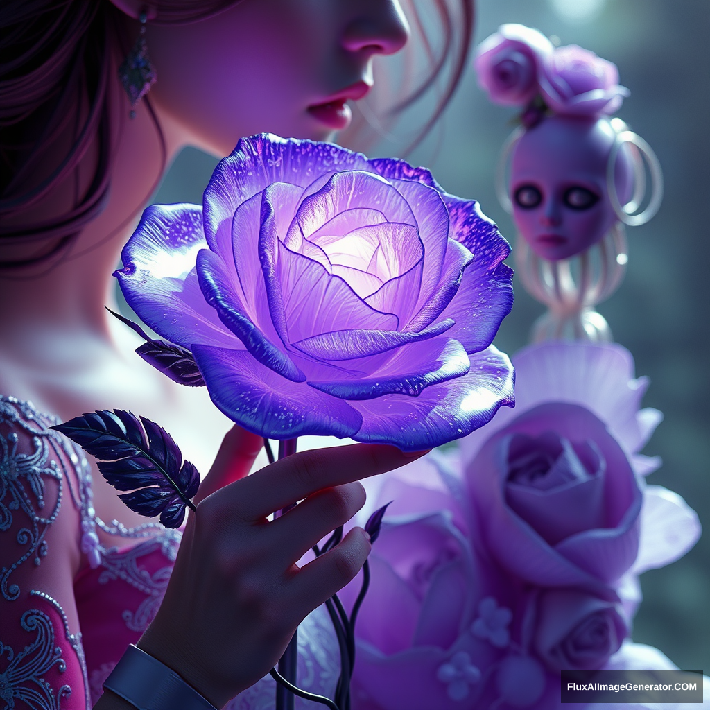 The biopunk beautiful girl in love holds a shining violet transparent rose: extremely detailed, fantasy, intricate, hyper-realistic, 8K 3D, Greg Rutkowski, sci-fi horror. - Image