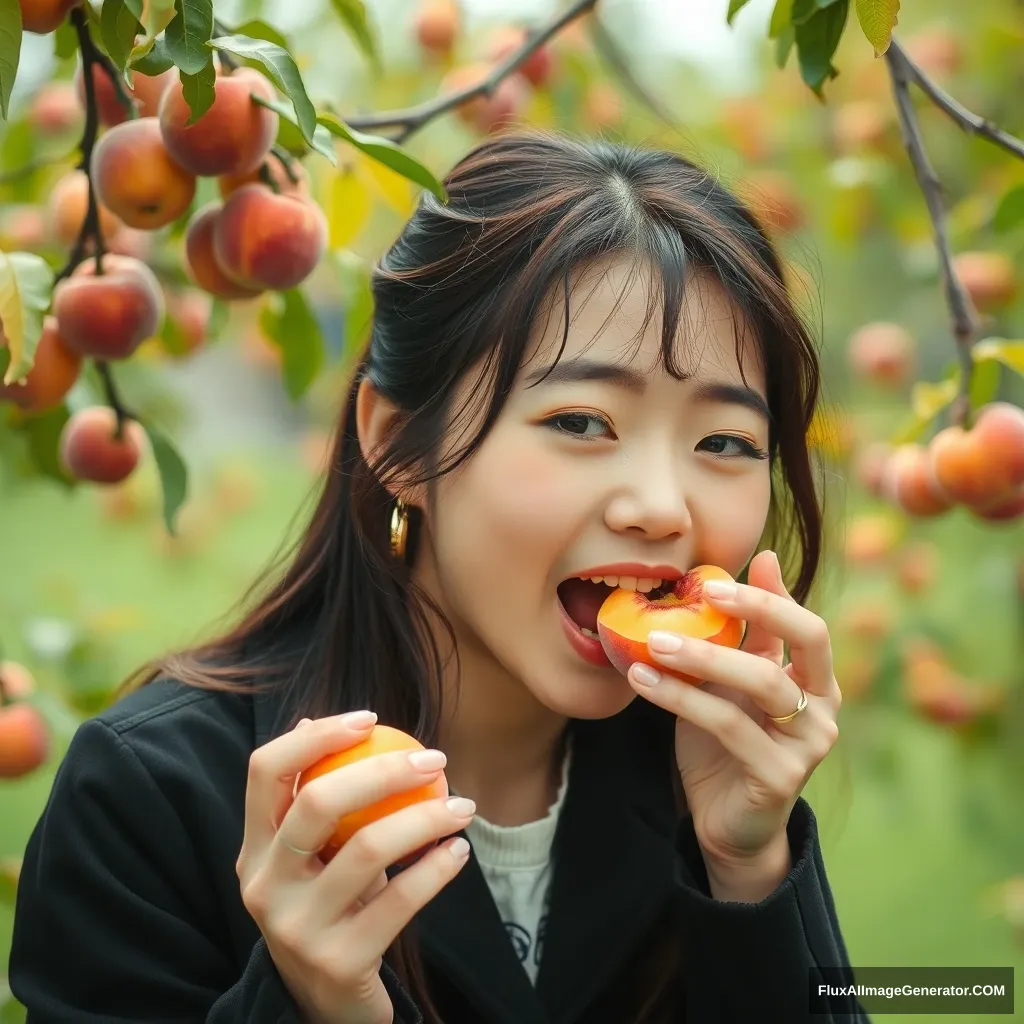 Korean Girl Eating Peaches - Image