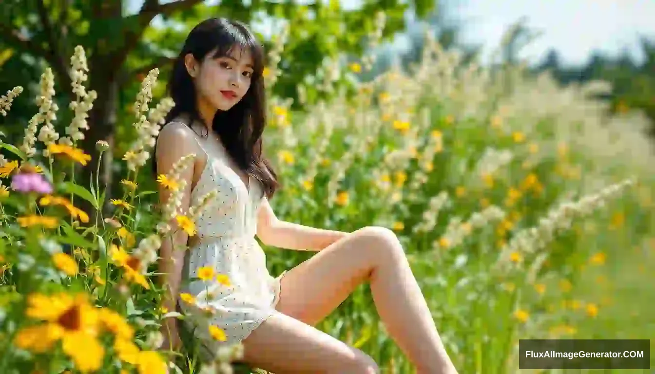 beautiful girl, summer, full body, slim leg, fair skin, black hair - Image