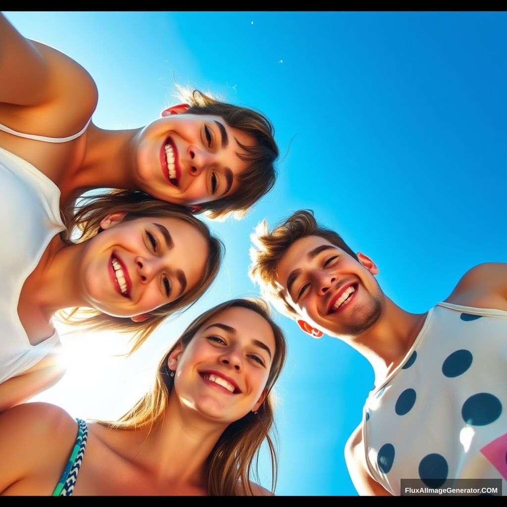 In the image, four young people are standing closely together, smiling joyfully under a bright blue sky. They are all looking downwards towards the camera, giving the impression that the photo was taken from a low angle. The group appears to be enjoying a sunny day, with the sun illuminating their faces and creating a cheerful atmosphere. Small water droplets are visible in the air, suggesting they might be near a body of water or having a fun water activity. Each person is dressed in casual summer attire, adding to the vibrant and lively mood of the scene.