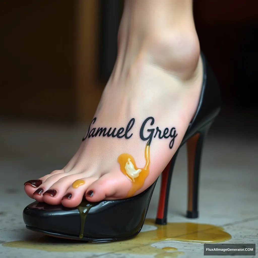 The name "Samuel Greg" on a woman's foot in a black high heel. There is oil all over the foot. - Image