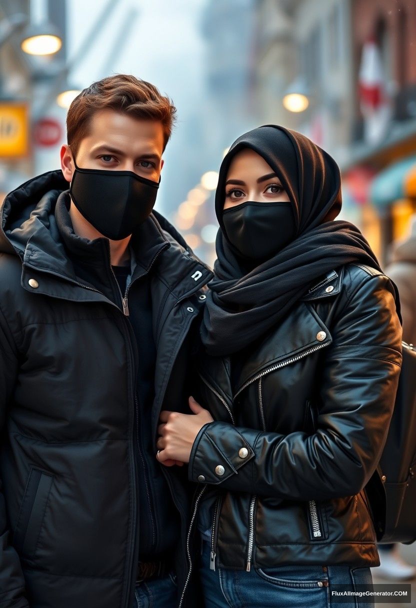 Jamie Dornan, handsome young man, black face mask, snow jacket, jeans, dating a beautiful Muslim girl wearing a black hijab, with beautiful eyes, black face mask, black leather jacket, winter scenery, standing together in town, cold, photorealistic, street photography.