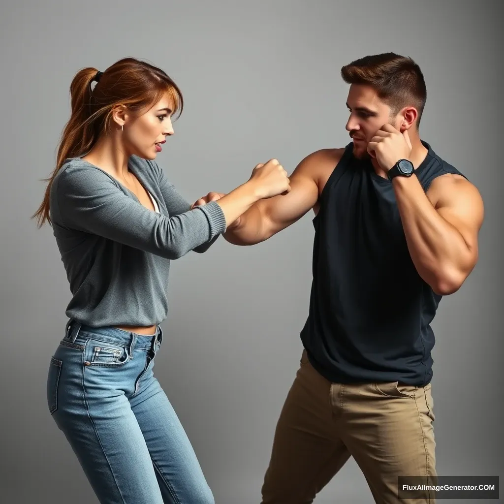 A pretty small delicate and slim lady is fighting her big muscular boyfriend, who is far bigger than her, in a casual fight. She is completely in control, defeating and beating him badly and completely. She throws a hard punch at him that makes him stumble; he looks defenseless with a desperate expression, close to falling unconscious.