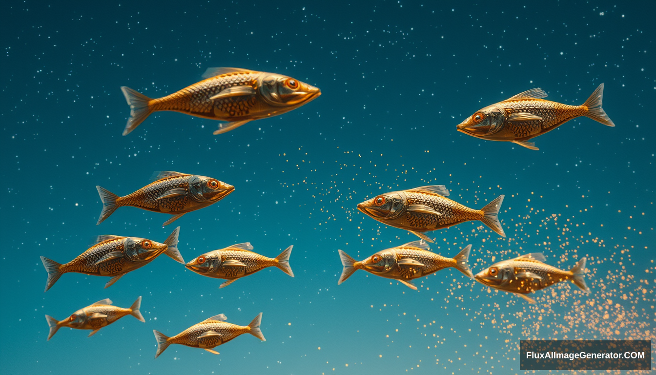 A group of mechanical fish flies under the starry sky, emitting a golden particle effect.