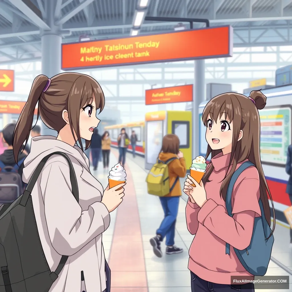 In a bustling train station plaza, a young woman's face lights up with delight as two cheerful teenage girls offer her a complimentary ice cream from their colorful popup stall. The girls greet the woman warmly, their infectious smiles matching her look of surprised joy at the unexpected kindness. As the woman savors the frozen treat, the girls bask in the satisfaction of bringing happiness to a stranger's day, creating a heartwarming vignette within the lively urban setting, anime style. - Image