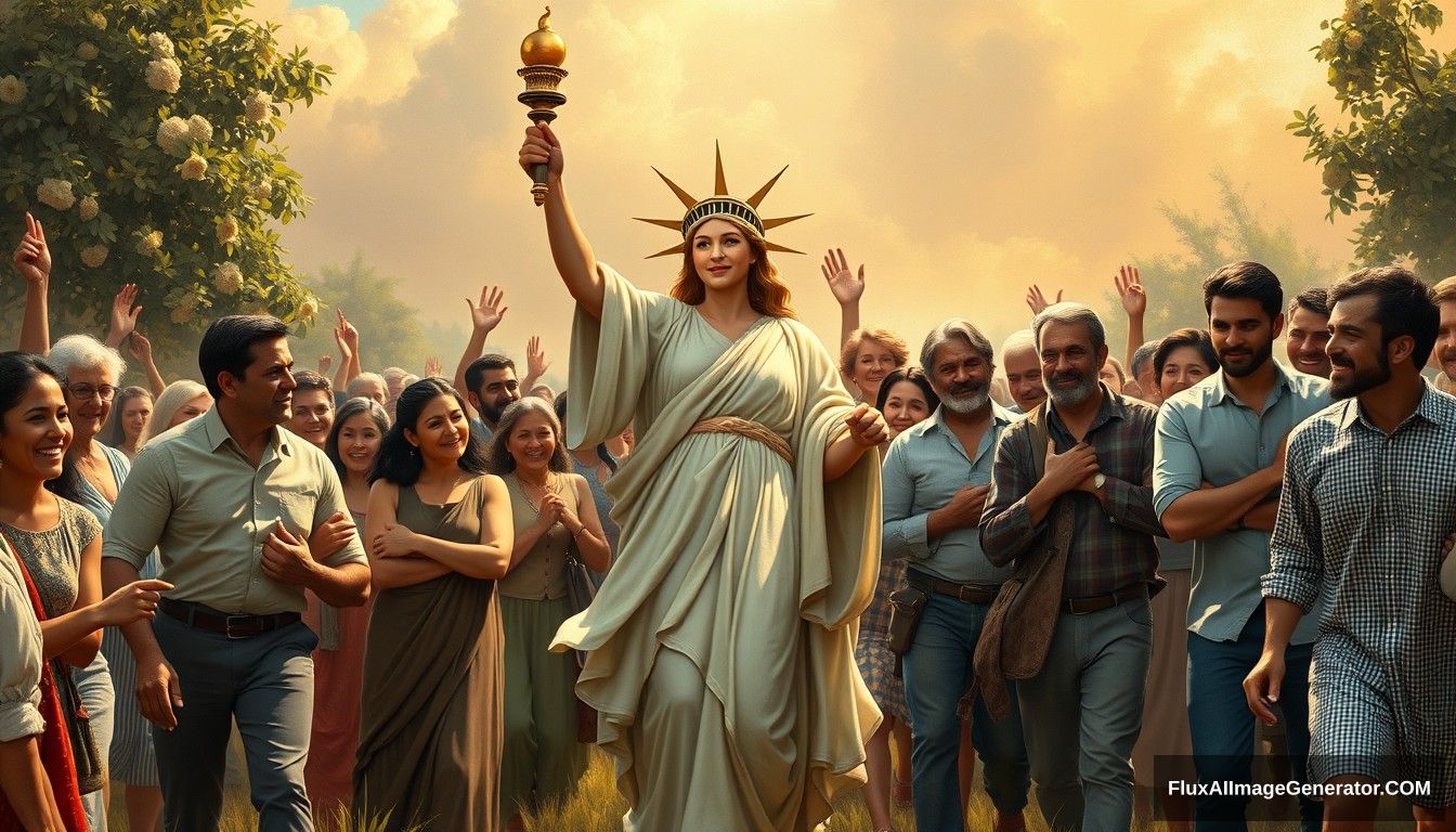 Hyper-realistic style featuring a powerful and inspiring image depicting the concept of blockchain and decentralization. In the foreground, a goddess symbolizing blockchain and decentralization leads the people towards a bright future. Reminiscent of the iconic painting 'Liberty Leading the People.' She is surrounded by families and individuals of predominantly European descent who are joyous and supportive, embracing and helping each other. The scene is vibrant and full of hope, capturing the essence of unity, progress, and decentralized, family-based agricultural production. Light shines from the front, illuminating the scene. No robots are present among the people.